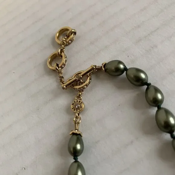 Monet Pearl Necklace Bracelet Dangle Earring Set Sage Green Gold 4 Pc Set - Picture 7 of 10